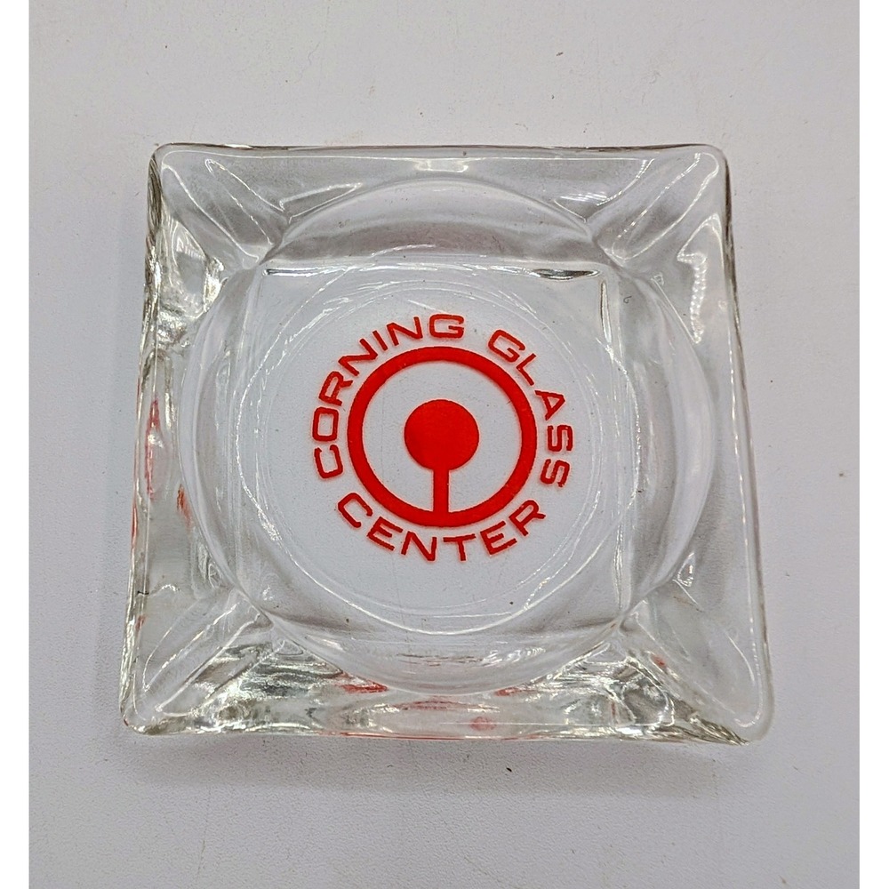 Vintage Corning Glass Center Clear Glass Square Ashtray Red Logo Collectible